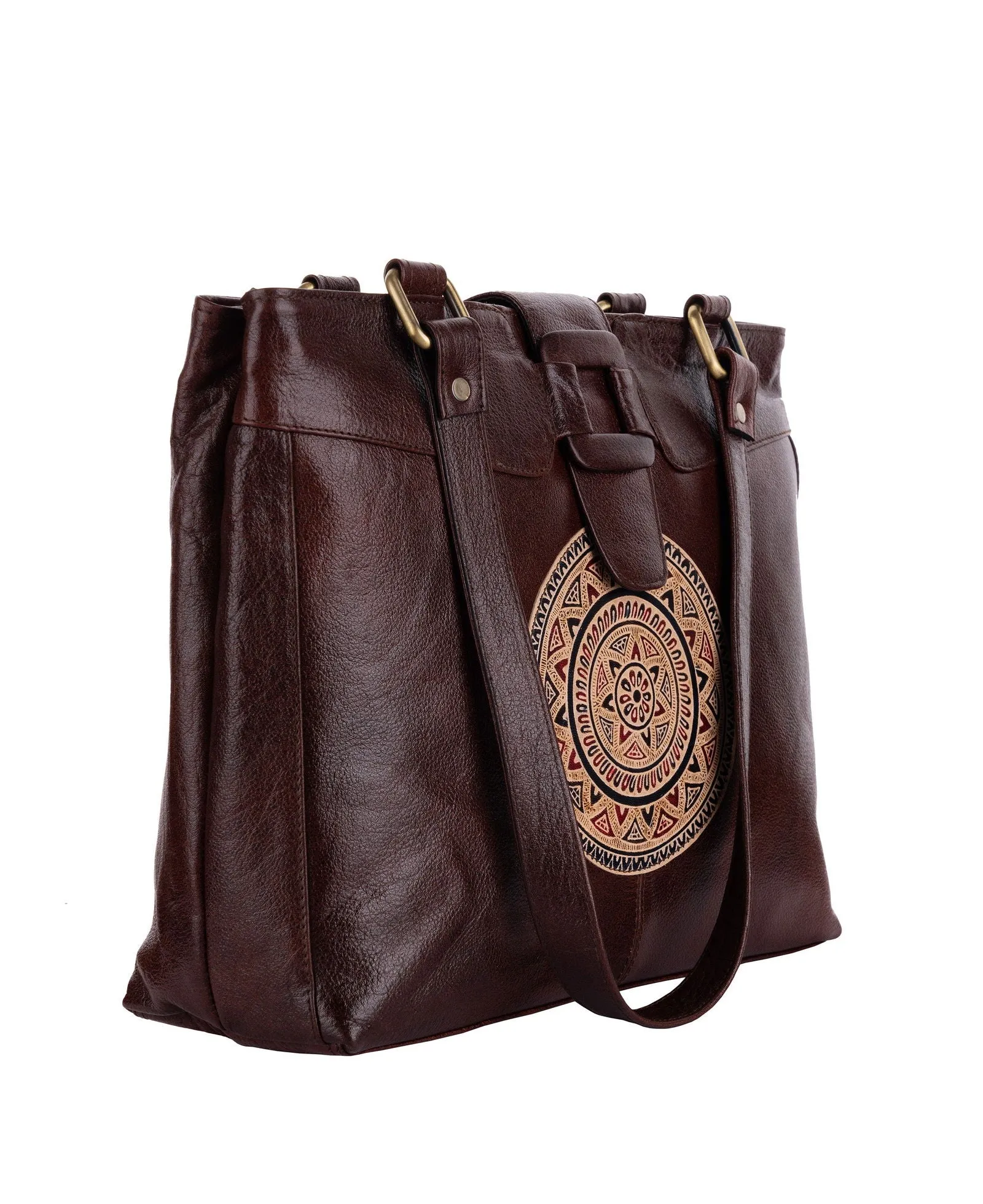 Shantiniketan Leather Handbag with Traditional Motif, 4 Spacious Compartments, Brown, 14x14 Inches