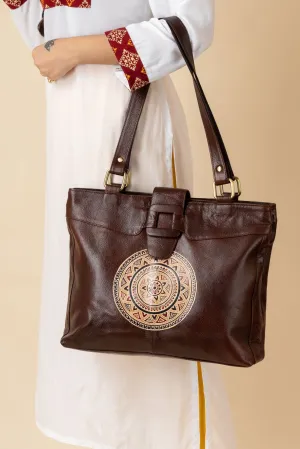 Shantiniketan Leather Handbag with Traditional Motif, 4 Spacious Compartments, Brown, 14x14 Inches