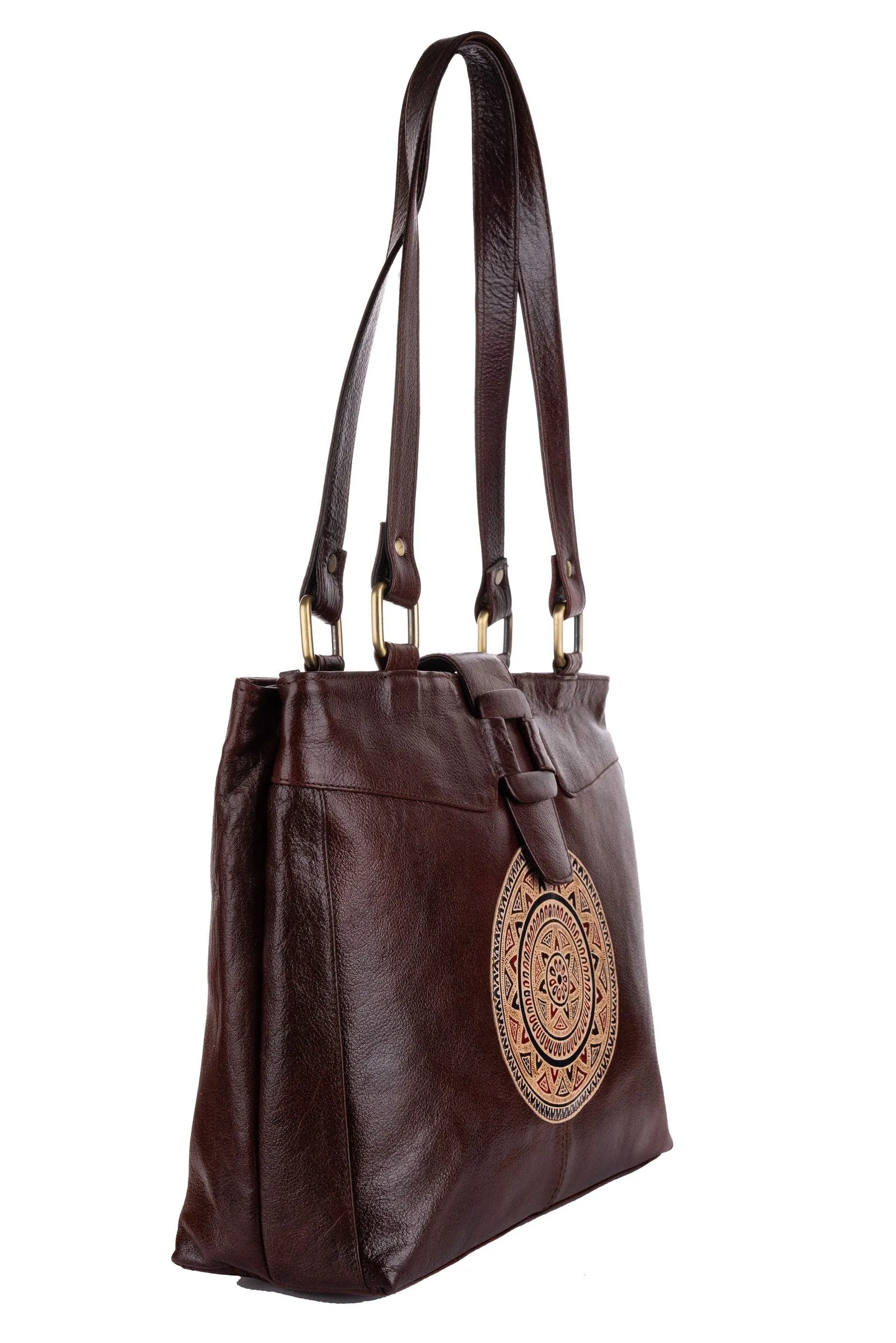 Shantiniketan Leather Handbag with Traditional Motif, 4 Spacious Compartments, Brown, 14x14 Inches