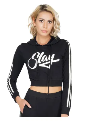 SLAY. Women's Printed Cropped Hoodie in Black