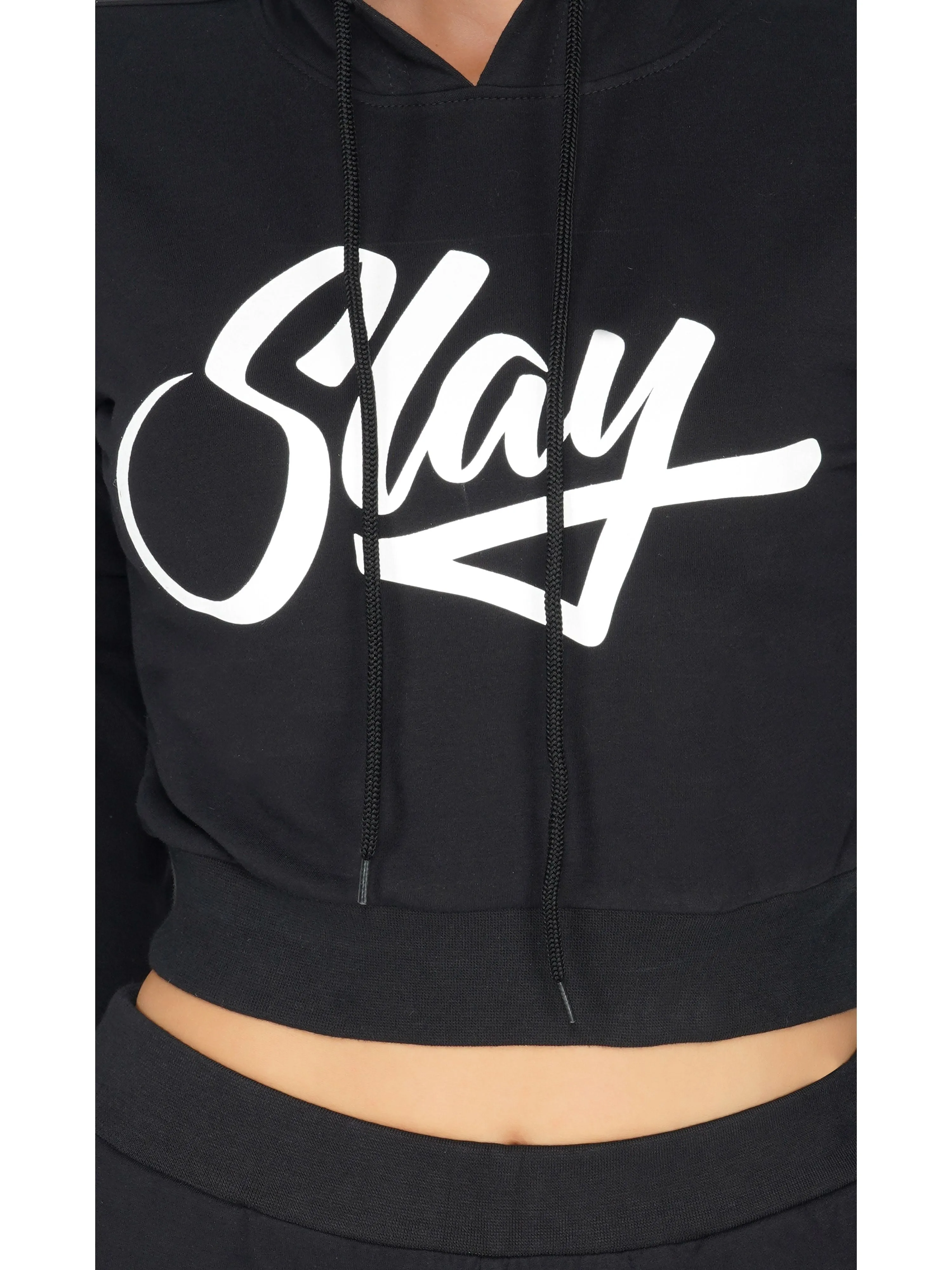 SLAY. Women's Printed Cropped Hoodie in Black