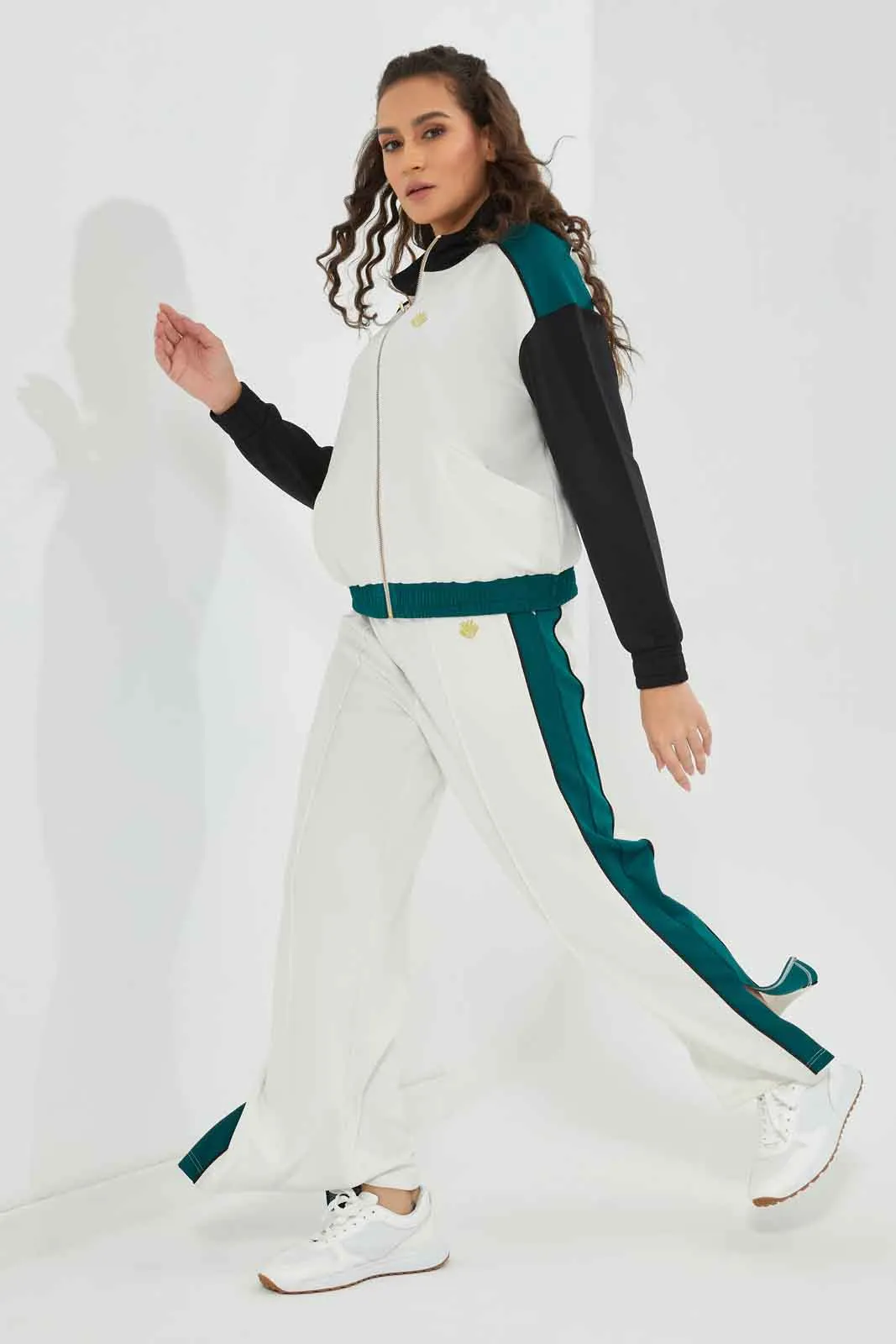 Women White And Green Color Block Active Pant