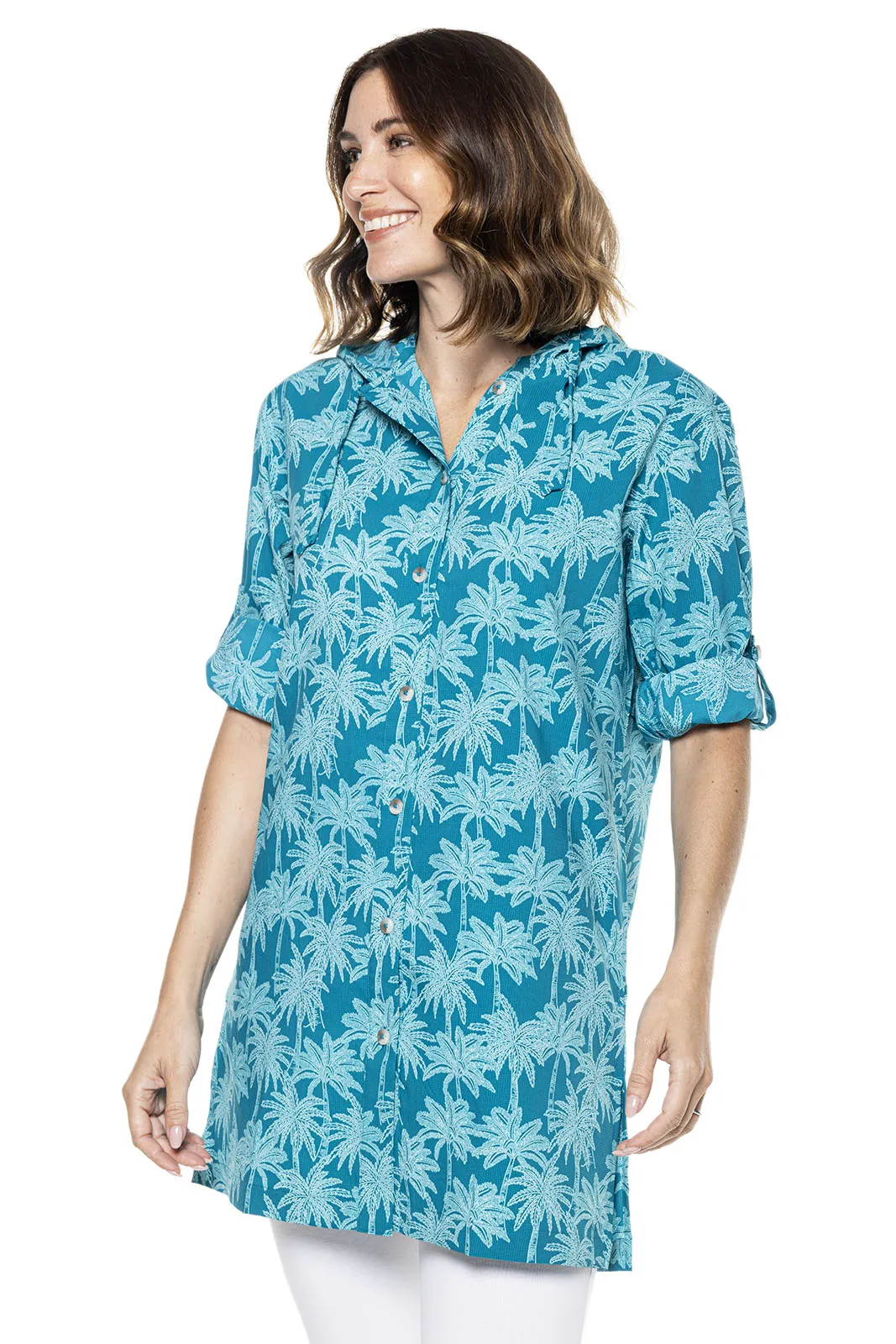 Women's Iztapa Beach Shirt  |  Tahitian Teal Swaying Palms