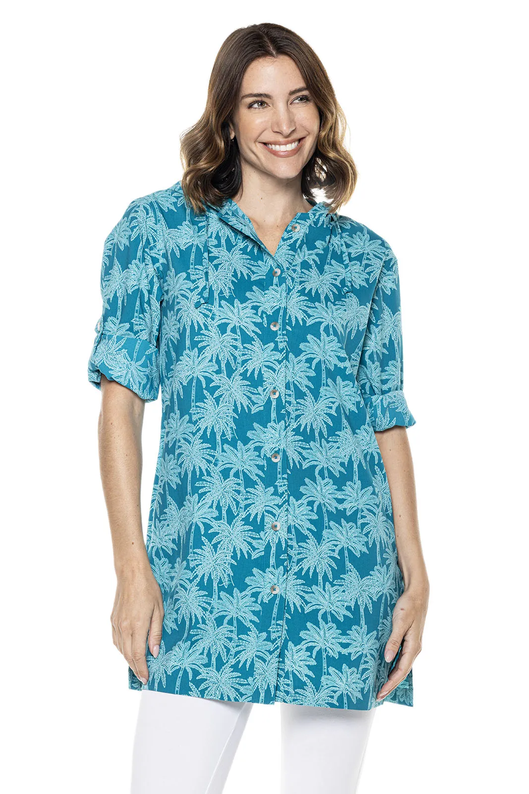 Women's Iztapa Beach Shirt  |  Tahitian Teal Swaying Palms